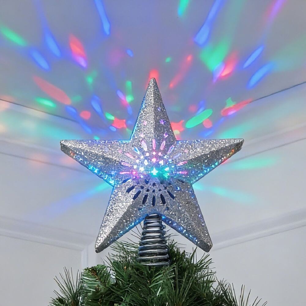 Projection LED Light Up Star Christmas Tree Topper Silver 10" Lit Holiday Decor